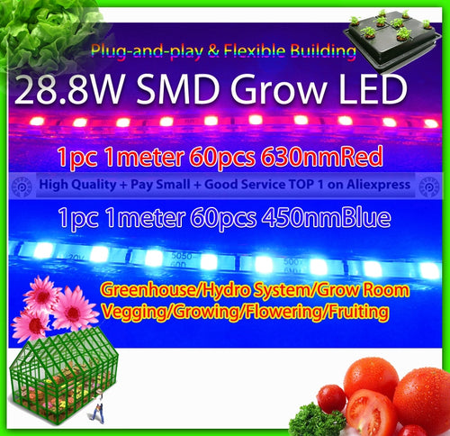 28.8w 2pcs per lot, 1 630nmRed + 1 450nmBlue SMD Strip flexible led grow light for plants grass in aquarium, hydroponics system