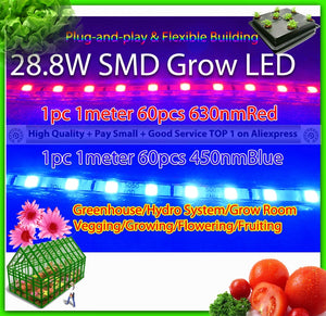 28.8w 2pcs per lot, 1 630nmRed + 1 450nmBlue SMD Strip flexible led grow light for plants grass in aquarium, hydroponics system